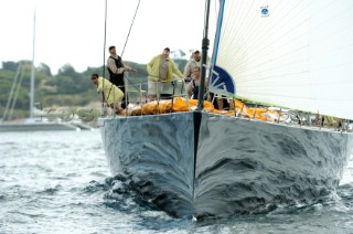 The wave reflection on the hull of Open Season creates an unusual image as she participates at Les Voiles de Saint Tropez 2005