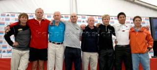 BILBAO, SPAIN - October 22nd 2006: The solo sailors in the Velux 5 Oceans yacht race. From left: Bernard Stamm (SUI), Graham Dalton (NZL), Sir Robin Knox-Johnston (GBR), Unai Basurko de Miguel (ESP), Mike Golding (UK), Alex Thompson (UK), Kojiro Shiraishi(JPN) and Tim Troy (USA). The Velux 5 Oceans is a three part round the world yacht race for the bravest of solo sailors. Leg 1 is approximately 12,000 miles from Bilbao in Spain to Fremantle in Western Australia. It is the ultimate test of sailing skill, stamina and endurance. (Rights restrictions may apply)
