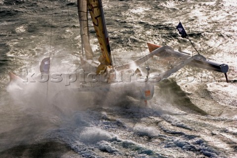 LORIENT FRANCE Skipper Steve Ravussin SUI  training onboard his Open 60 trimaran ORANGE PROJECT on O