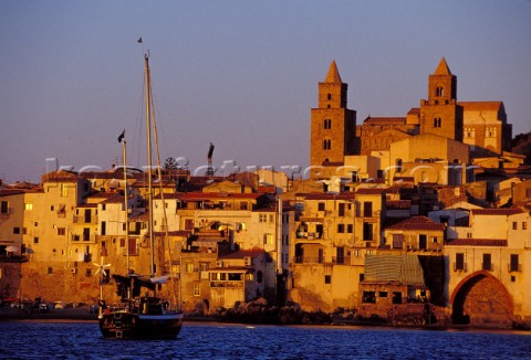 Cefal  Sicily  Italy The City seen from the sea at sunset