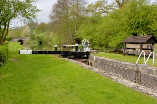 Belan locks,Montgomery canal with bridge 121 in the background ,near Welshpool,Powys,Wales,UK.May 2006.