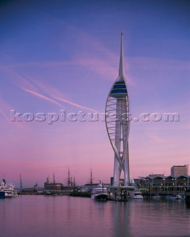 The Spinnaker Tower cuts a majestic figure in the dawn twilight against an attractive sky It is the 