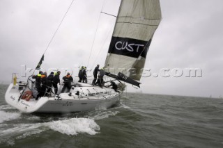 COWES, UK - July 6th: The French First 45 yacht Lady Courrier owned by Mr Trentesaux breaks its boom in large waves ending its challenge for the Rolex Commodores Cup 2008 in the Solent, UK. The GBR Red Team win the event with three race wins. The Rolex Commodores Cup organised by the Royal Ocean Racing Club is a team racing championship for big boats and is held biannually. (Photo by Mike Jones/kospictures.com).