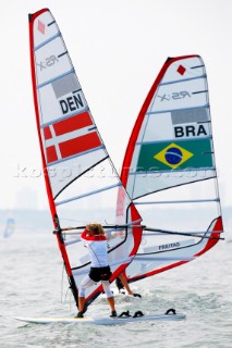 Qingdao, China, 20080807: 2008 OLYMPICS - Practice Race at Olympic Sailing Regatta before the real deal begins on Saturday. Danish RS:X-sailor Bettina Honoré.  (No sale to Denmark)