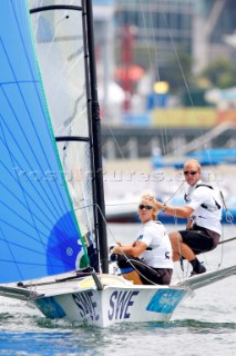 Qingdao, China, 20080807: 2008 OLYMPICS - Practice Race at Olympic Sailing Regatta before the real deal begins on Saturday. Jonas Lindberg/Kalle Torlaan (SWE) - 49er Class.  (No sale to Denmark)
