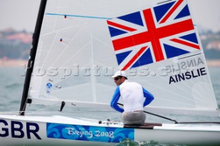 Qingdao, China, 20080807: 2008 OLYMPICS - Practice Race at Olympic Sailing Regatta before the real deal begins on Saturday. Ben Ainslie (GBR) - Finn Class.  (No sale to Denmark)