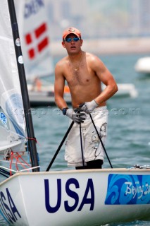 Qingdao, China, 20080807: 2008 OLYMPICS - Practice Race at Olympic Sailing Regatta before the real deal begins on Saturday. Zach Railey (USA) - Finn Class.  (No sale to Denmark)