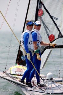Qingdao, China, 20080807: 2008 OLYMPICS - Practice Race at Olympic Sailing Regatta before the real deal begins on Saturday. Ben Rhodes/Steve Morrison (GBR) - 49er Class.  (No sale to Denmark)