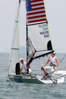 Qingdao, China, 20080807: 2008 OLYMPICS - Practice Race at Olympic Sailing Regatta before the real deal begins on Saturday. Tim Wadlow/Christopher Rast (USA) - 49er Class.  (No sale to Denmark)