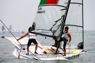 Qingdao, China, 20080807: 2008 OLYMPICS - Practice Race at Olympic Sailing Regatta before the real deal begins on Saturday. Jorge Lima/Fransisco Andrade (POR) - 49er Class. (No sale to Denmark)
