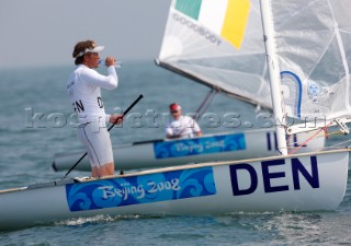 Qingdao, China, 20080809: 2008 OLYMPICS - first day of racing in the Olympic Sailing Event. Jonas Hoegh-Christensen (DEN)- Finn Class.  (no sale to Denmark)