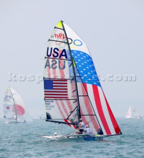 Qingdao, China, 20080809: 2008 OLYMPICS - first day of racing in the Olympic Sailing Event. Tim Wadlow/Christopher Rast (USA) - 49er Class.  (no sale to Denmark)