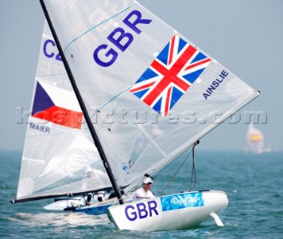 Qingdao, China, 20080809: 2008 OLYMPICS - first day of racing in the Olympic Sailing Event. Ben Ainslie (GBR) - Finn Class.  (no sale to Denmark)