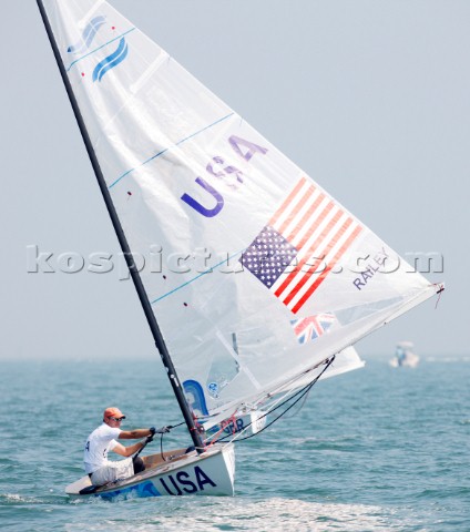 Qingdao China 20080809 2008 OLYMPICS  racing in the Olympic Sailing Event Zachary Railey USA  Finn C