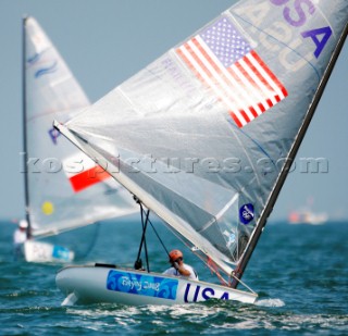 Qingdao, China, 20080810: 2008 OLYMPICS - second day of racing in the Olympic Sailing Event. Zach Railey (USA) - Finn Class.   (no sale to Denmark)