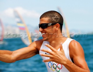 Qingdao, China, 20080811: 2008 OLYMPICS - third day of racing in the Olympic Sailing Event. Shahar Zubari (ISR) -  RS:X Class.  (no sale to Denmark)