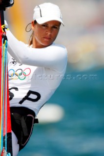 Qingdao, China, 20080811: 2008 OLYMPICS - third day of racing in the Olympic Sailing Event. Marina Alabau (ESP) -  RS:X Class.  (no sale to Denmark)