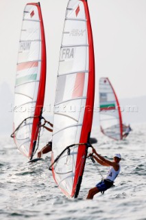 Qingdao, China, 20080815: 2008 OLYMPICS day 7 at the Olympic Sailing Regatta in Qingdao. RS:X ClassFaustine Merret (FRA) (no sale to Denmark)