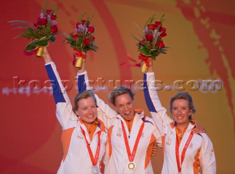 Qingdao China  20080817  Olympic Games Yngling  Netherlands  Mandy Mulder Annemieke Bes and Merel Wi