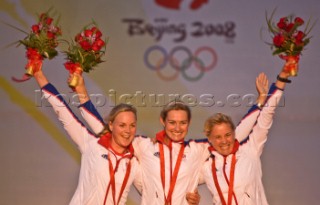 Qingdao (China) - 2008/08/17.  Olympic Games Yngling - Great Britain - Sarah Ayton, Sarah Webb and Pippa Wilson (Gold medal)