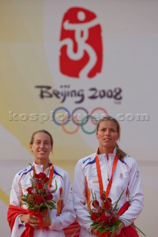Qingdao China  20080818  Olympic Games 470 Womens  Netherlands  Marcelien De Koning and Lobke Berkho