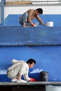 Yacht builders and skilled workers boatbuilding at the Sunbird shipyard and boatbuilders in China