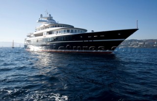 Luxury superyacht Leander owned by Sir Donald Gosling moored by Les Iles des Lerins near Cannes, South of France.