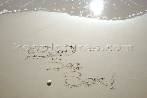Sand Sea Sex sign writing message on a sandy beach in Tarifa Spain near Gibraltar