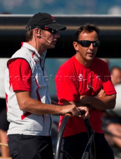 Ernesto Bertarelli with Alain Gautier onboard Alinghi 5, the giant catamaran multihull which will defend the 33rd Americas Cup sailing on Lake Geneva. (Editorial Only)
