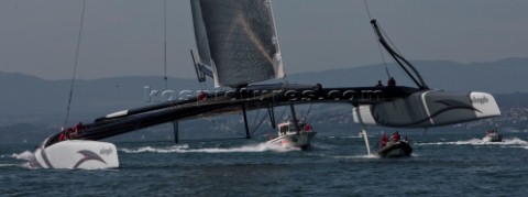 Alinghi 5 the giant catamaran multihull which will defend the 33rd Americas Cup sailing on Lake Gene