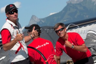 Ernesto Bertarelli with Murray Jones onboard Alinghi 5, the giant catamaran multihull which will defend the 33rd Americas Cup sailing on Lake Geneva. (Editorial Only)