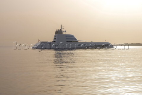Superyacht called A designed by Philippe Stark anchored off Porto Cervo in Sardinia Owner Roman Abra