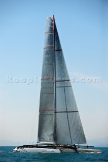 FEBRUARY 12TH 2010, VALENCIA, SPAIN: Alinghi 5 catamaran racing during the 1st match of the 33rd Americas Cup in Valencia, Spain.