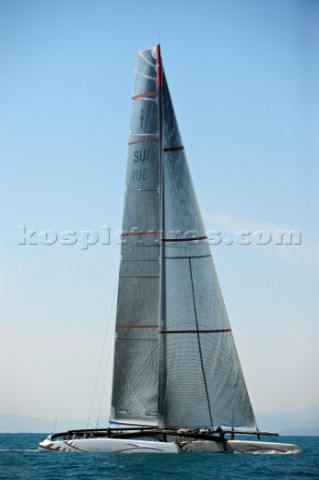 FEBRUARY 12TH 2010 VALENCIA SPAIN Alinghi 5 catamaran racing during the 1st match of the 33rd Americ