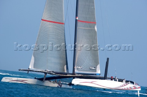 FEBRUARY 12TH 2010 VALENCIA SPAIN Alinghi 5 catamaran racing during the 1st match of the 33rd Americ