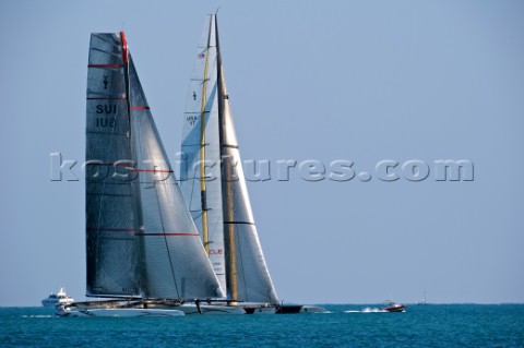 FEBRUARY 12TH 2010 VALENCIA SPAIN Alinghi and BMW Oracle waiting the start signal for the 1st match 