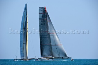 FEBRUARY 12TH 2010, VALENCIA, SPAIN: Alinghi and BMW Oracle waiting the start signal for the 1st match of the 33rd Americas Cup in Valencia, Spain.