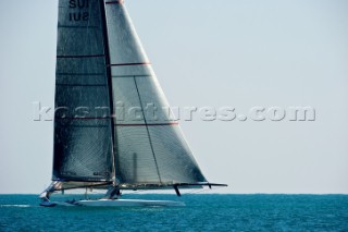 FEBRUARY 12TH 2010, VALENCIA, SPAIN: Alinghi 5 catamaran racing during the 1st match of the 33rd Americas Cup in Valencia, Spain.