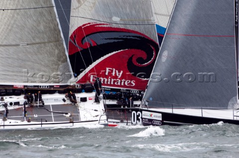 Emirates Team New Zealand amongst the fleet at the start of race four of the Trophy of Portugal MedC