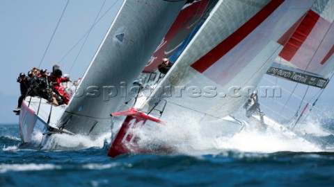Emirates Team New Zealand and All4One GER on the first beat of race ten of the Trophy of Portugal Me