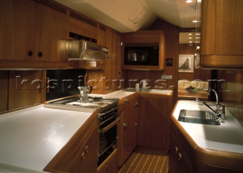 Luxury interior of galley and kitchen on a large maxi Swan yacht
