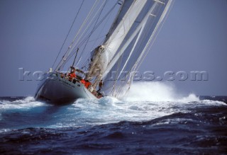Classic superyacht Adela crashes through huge waves