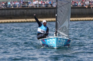 WEYMOUTH, ENGLAND - AUGUST 5th: Ben Ainslie of Great Britain wins Gold Medal in the Mens Finn sailing dinghy class at the London 2012 Olympic Games at Weymouth Harbour on August 5th, 2012 in Weymouth, England. (©Kos Picture Source/Getty Images)