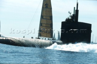 Maxi Yacht Rolex Cup 2001. Porto Cervo, Sardinia. American submarine (possibly a Los Angeles class fast attack sub) submerging.