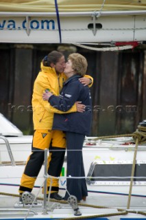 SOUTHAMPTON, UK. MAY 21: Solo round the world yachtswoman Dee Caffari (33) on her 72ft yacht Aviva Challenge arrives in Southampton meets her mum after completing her circumnavigation of the globe in 178 days, 3 hours, 6 minutes and 15 seconds. She is the first woman to sail solo around the world against the wind and tide.
