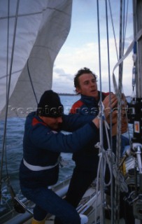 Crew teamwork onboard Fazer Finland during the Whitbread Round the World Race 1986 (now known as the Volvo Ocean Race)