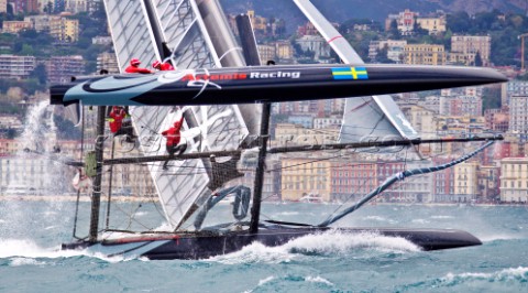 Naples Italy 11042012  Americas Cup World Series Naples 2012  Artemis Racing nose dives and capsizes