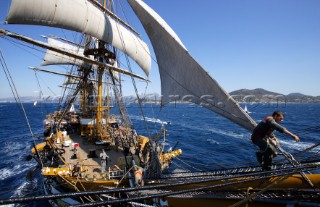 Tolone (France). On Board Tall Ship Amerigo Vespucci at the end of the bow sprit