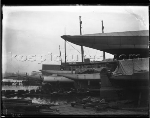 Yachts laid up on the hard at Marvins Yard on the south coast UK in 1930