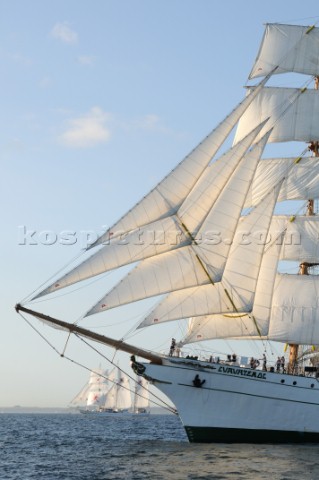 Cuauhtmoc and the MIR at The start of the falmouth to portugal tall ship race
